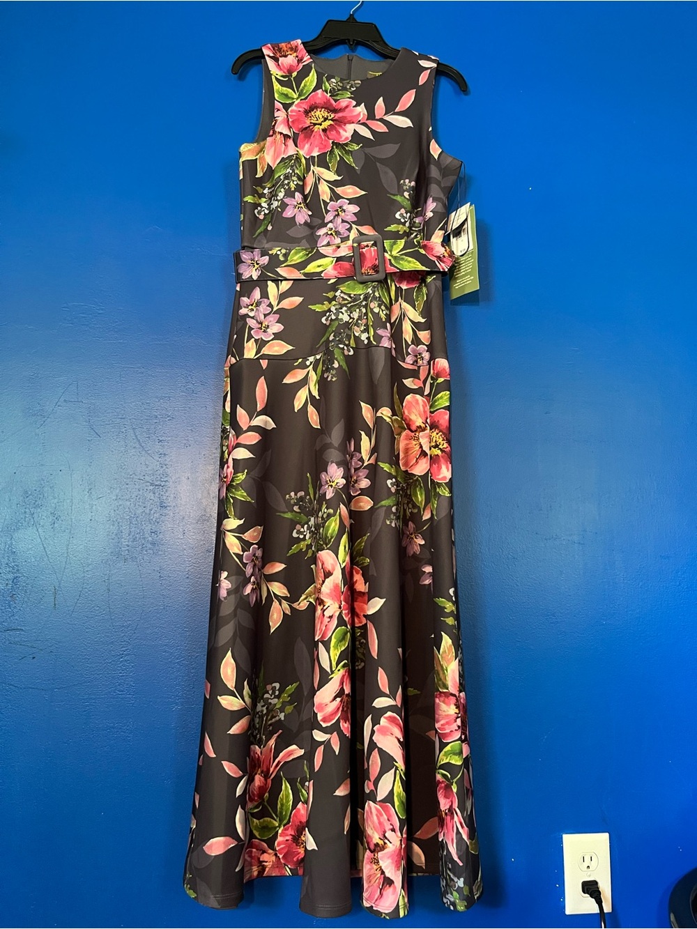 Elegant Black Floral Belted Maxi Dress - Brand Melonie